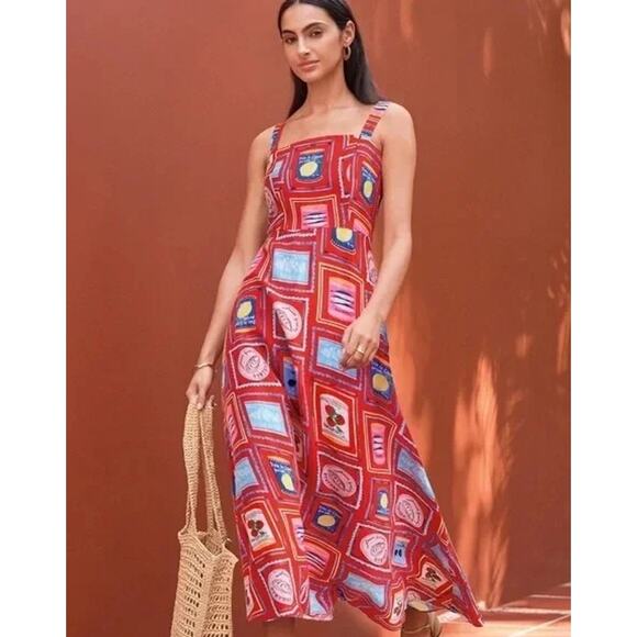 LOFT Can Print Linen Blend Strappy Midi Dress Square Neck Sleeveless Sundress - Picture 3 of 12